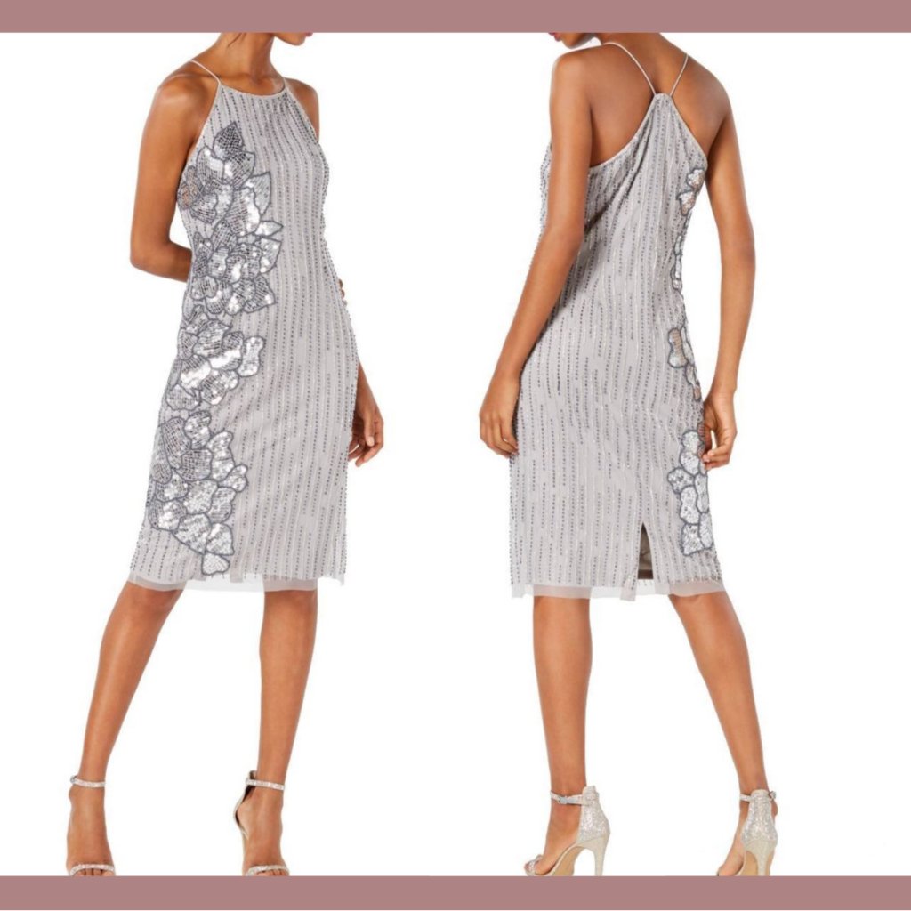 New Adrianna Papell [ 4 Us ] Floral Beaded Midi Dress In Bridal Silver